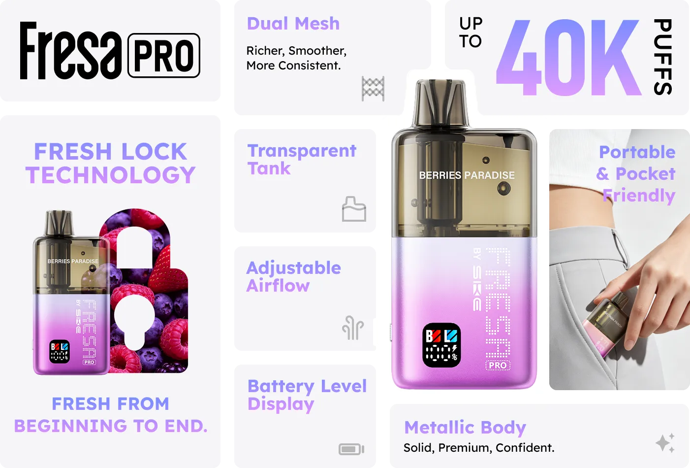 Fresa Pro highlights including Fresh Lock technology, Dual Mesh, 40K puffs, adjustable airflow and metallic body