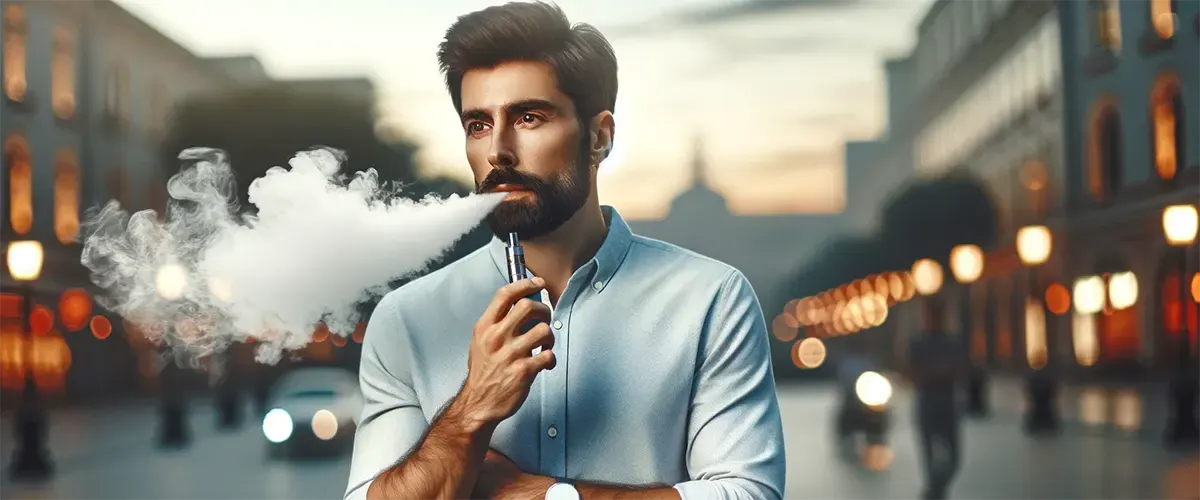 How to Use a Disposable Vape Pen a gentle different man with a beard is standing outdoors, casually smoking a disposable vape.