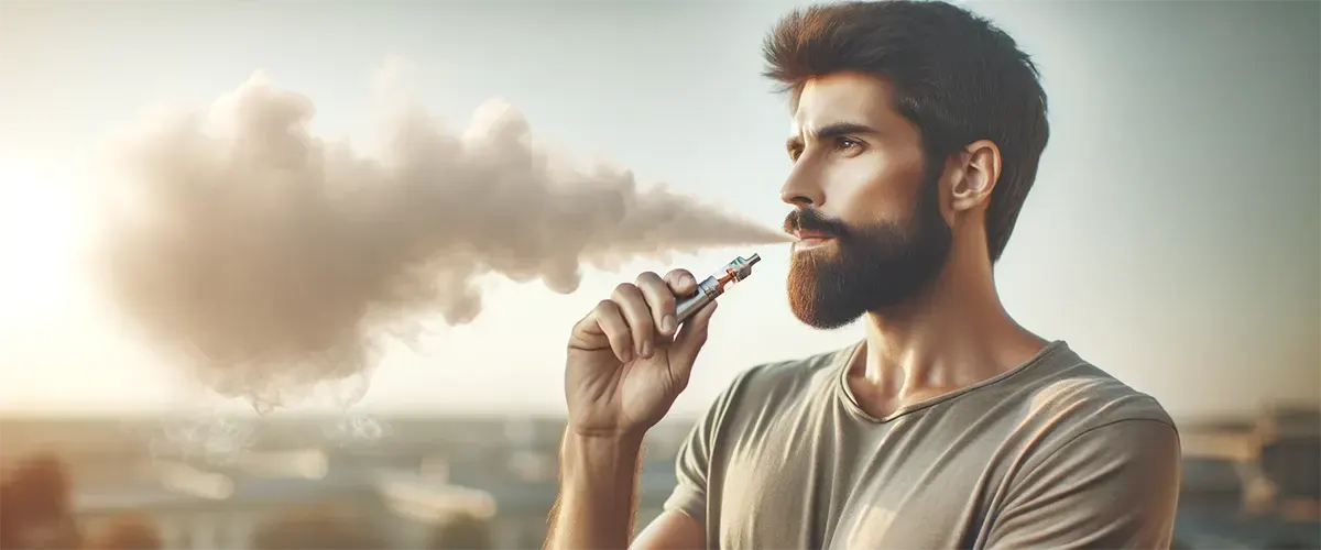 How to Use a Disposable Vape Pen man with a beard is standing outdoors, casually smoking a disposable vape.
