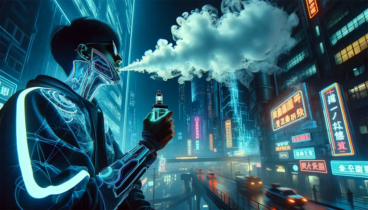 Do Vape Pens Fit All Cartridges? a man is vaping cool in a cyberpunk-inspired city