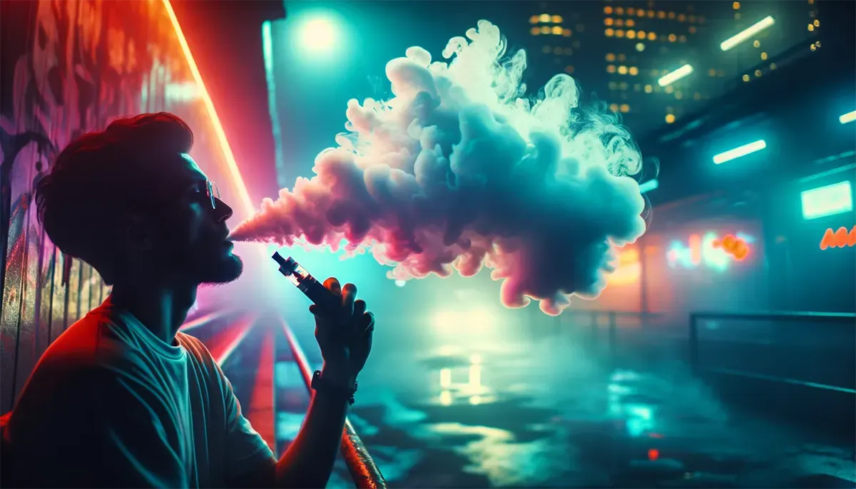 Do Vape Pens Fit All Cartridges? a man smokes e-cigs sitting on the street in a cyberpunk-inspired city