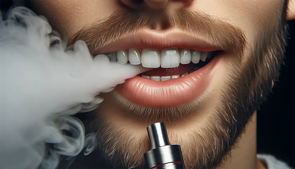 Can You Vape After Teeth Whitening? a man is vaping after teech whitening