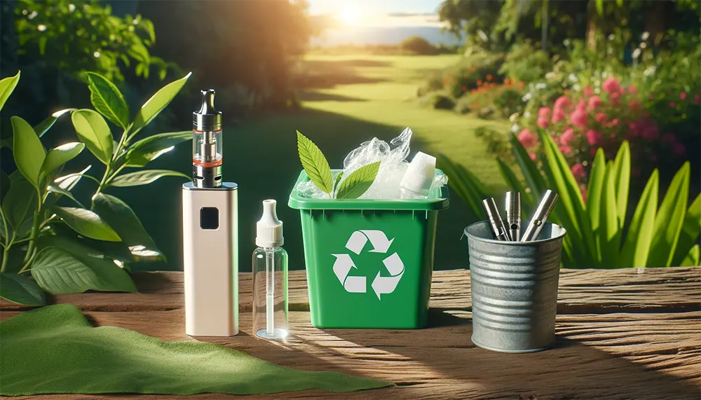 a refillable vape device alongside a small recycling bin filled with disposable vapes