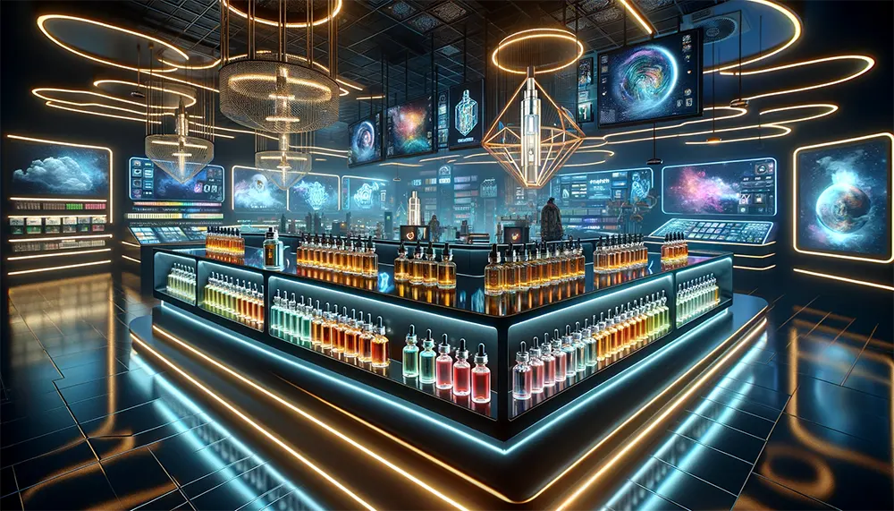 an ultra-modern vape shop interior showcasing bottles of vape juice