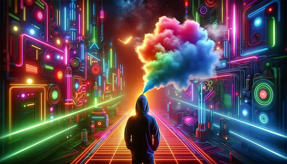 Is Vegetable Glycerin Safe to Vape? Find Out Now! a vaper exhaling colorful vapor clouds under neon lights