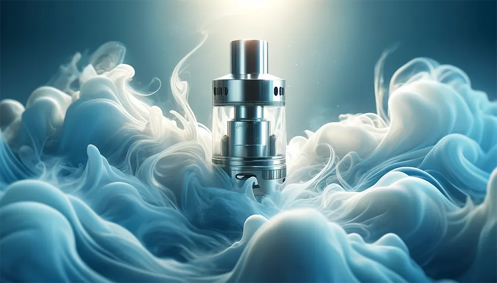 a shining vape atomizer against a creative vapor clouds