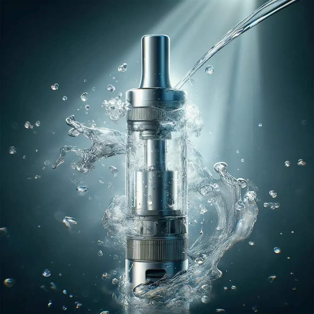 a vape atomizer under a stream of water