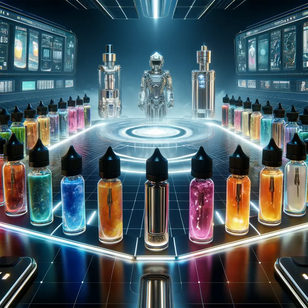 Caloric Inquiry: Does Vape Juice Have Calories? an array of vape juices dispaly in a high-tech environment