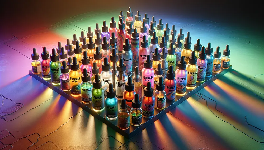Exploring the Basics: What is Freebase Vape Juice? a variety of freebase vape juice bottles arranged in a creative pattern