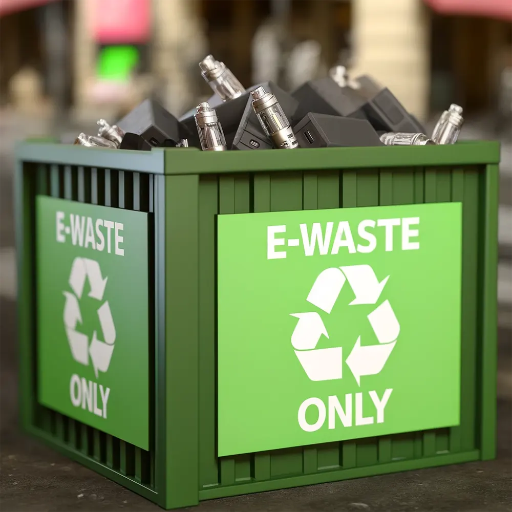 Eco-Smart: How to Dispose of Disposable Vapes Responsibly a recycling bin labeled 'E-Waste Only' with discarded disposable vapes