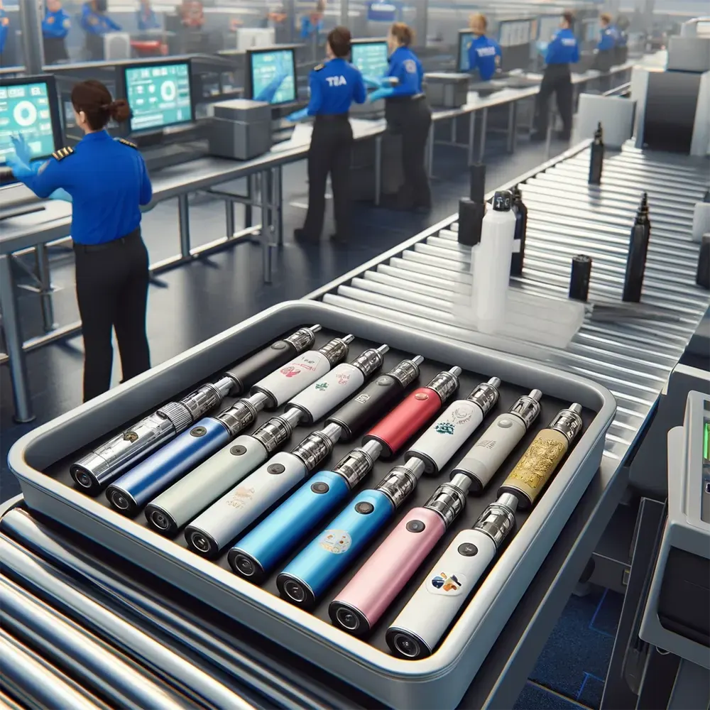 Flying Soon? Can Disposable Vapes Go Through TSA? an airport security checkpoint focusing on the inspection of disposable vapes