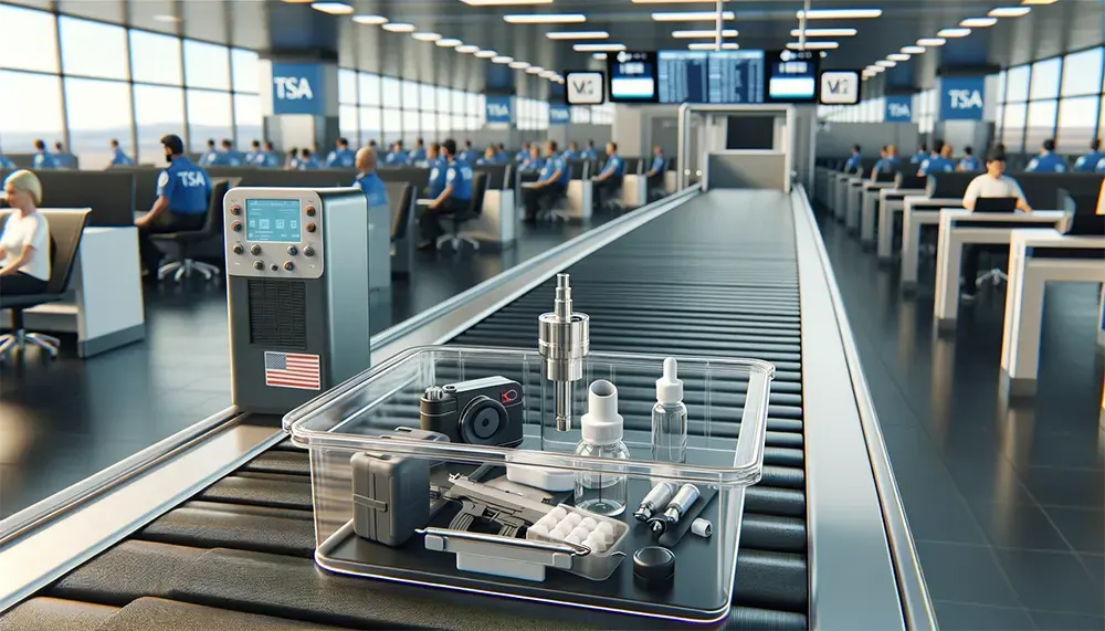 Flying Soon? Can Disposable Vapes Go Through TSA? airport security checkpoint with a clear bin on a conveyor belt containing disposable vapes