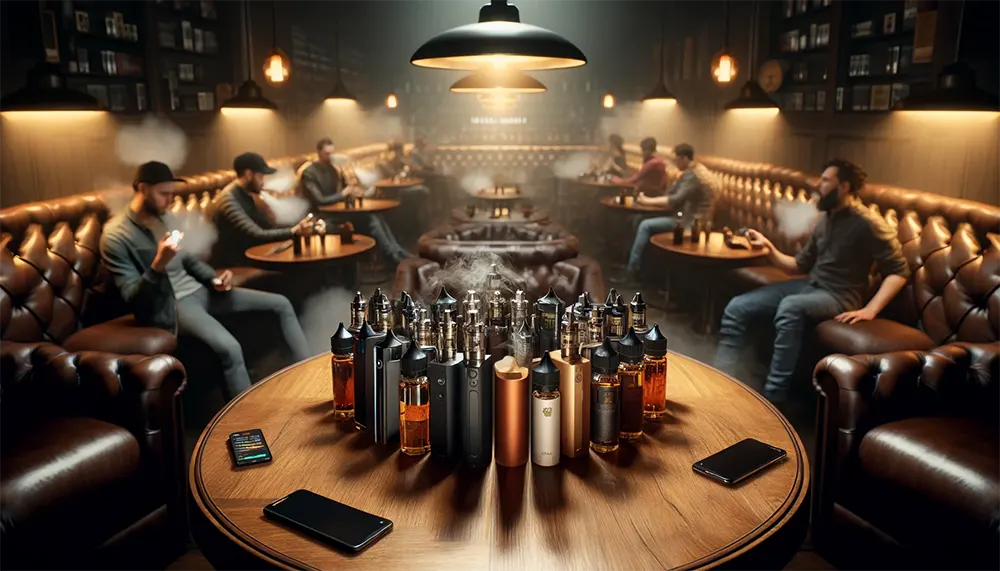 Fresh Puffs: How Long Does Vape Juice Last? a sophisticated vaping lounge where vapers are using different vaping devices