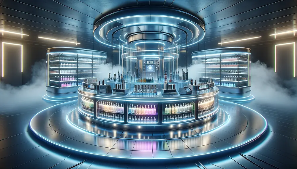 Fresh Puffs: How Long Does Vape Juice Last? a futuristic vape shop displays various vape juice bottles