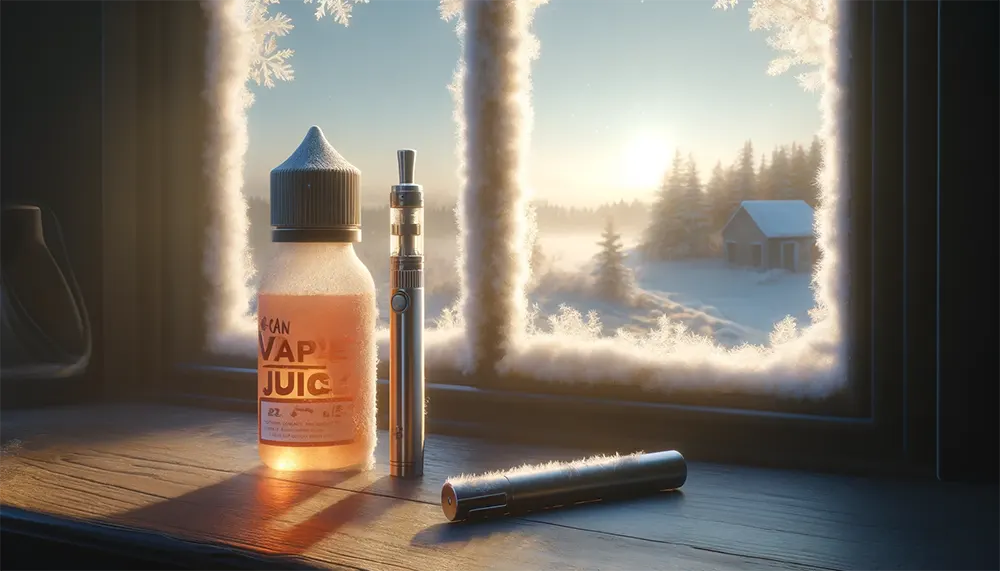 a vape pen and a bottle of vape juice placed on a frosty windowsill