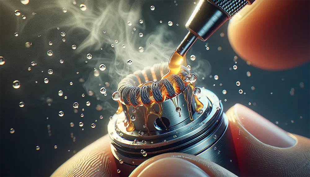 a vape coil being primed with vape juice, display the priming process