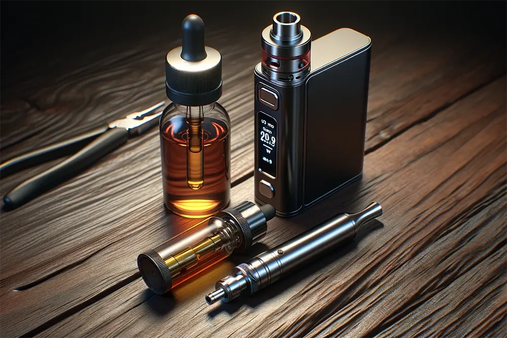 a vape device next to an open bottle of vape juice