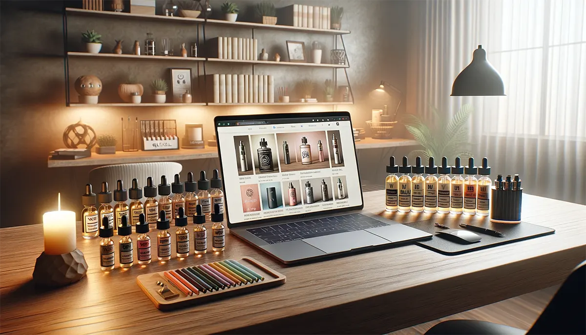 How to Determine the Nicotine Level in Your E-Juice a laptop open to a vaping blog surrounded by various e-juices with different nicotine levels